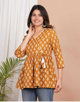 KHOWAL Casual Printed Women Yellow Top
