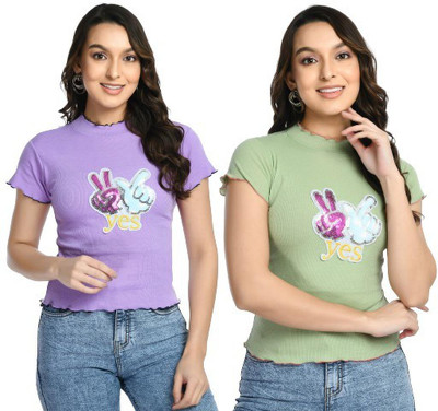 GLADLY Casual Printed Women Purple, Light Green Top