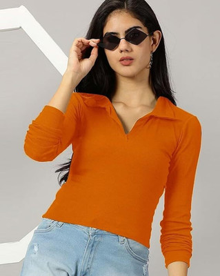 Siyara Casual Solid Women Orange Top
