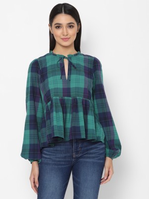 American Eagle Outfitters Casual Checkered Women Green Top