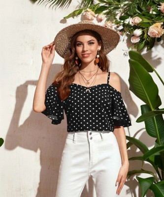 HouseOfCommon Casual Polka Print Women Black, White Top