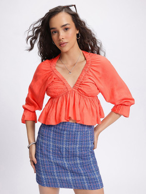 Dressberry Casual Solid Women Orange Top