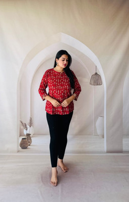craftwell studio Casual Self Design Women Red Top