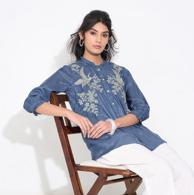 Akkriti by Pantaloons Casual Embroidered Women Blue Top
