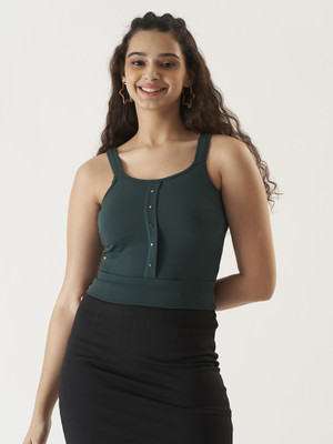 Prettify Casual Solid Women Dark Green Top