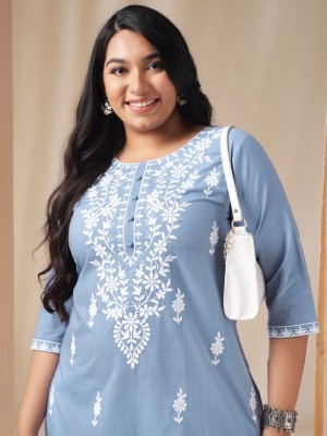 Janasya Casual Embroidered Women Light Blue, White Top