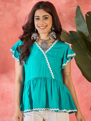Sangria Casual Solid Women Blue Top