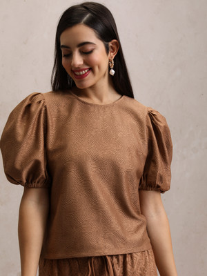 Tokyo Talkies Casual Self Design Women Brown Top