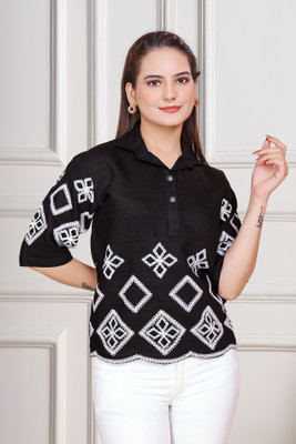 KIDZOLA CLUB Casual Embroidered Women Black Top