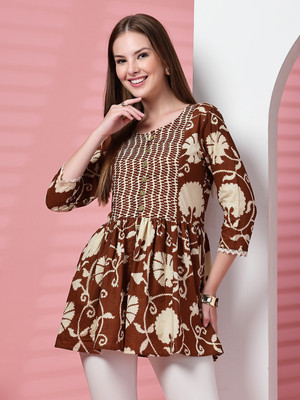 PRISTYLE Party Floral Print Women Brown Top