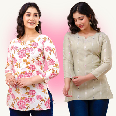 VROEGER Casual Printed, Self Design Women Pink, Green Top