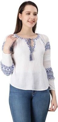 DRAPE AND DAZZLE Casual Printed Women White, Blue Top