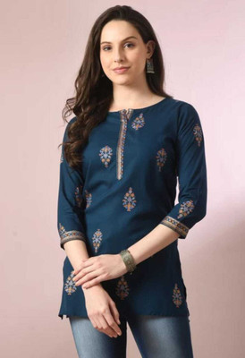 HINGLAJRAJ Women Block Print Straight Kurta(Blue)