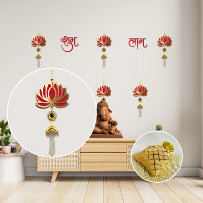Crazxyfit Pack of 6 Lotus Toran with Fabric Latkan & Circle Mirror | Include Potli | Toran(MDF Lotus, Golden and White Beads, Mirror, Handmade Latkan)
