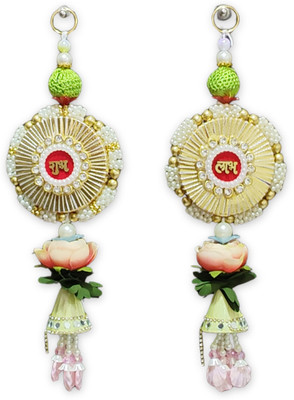 Amdeeworld Golden Shubh Labh Hanging Toran with Rose Flowers & Pearl Beads Toran(MDF Base)