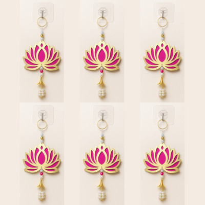 Neyara Creations Lotus Design Wall Hanging with Pearl Tassel | Pack of 6 Toran(MDF, Velvet)