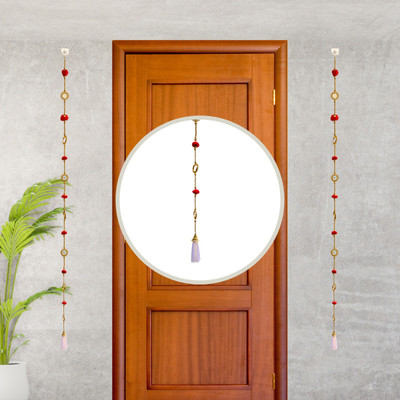 Crazxyfit Pack of 2 Handmade Door Hanging with Red Pom Pom | Includes Potli | Toran(Golden Beads, Pom Pom, Mirror, Fabric Latkan)