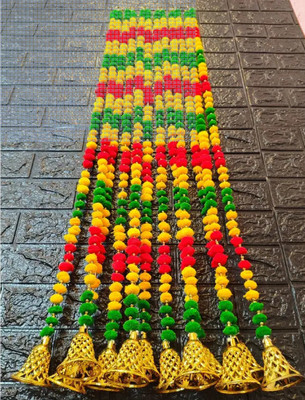 GAV SAKHI HANDICRAFTS 4 Piece Red Yellow and Green Door Decoration: Vibrant Pom Pom Toran(Metallic Hooks, Golden Plastic Bells, Moti Beads, Purely Handmade, Made in INDIA)