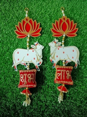 PARNAIRA Shubh Labh Lotus with Cow Traditional Hanging Handmade Toran for Door Pack of 3 Toran
