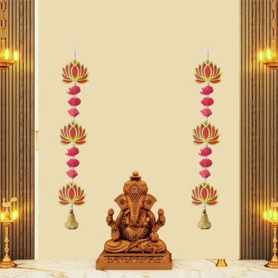 UD HUB 2 Pink Lotus Red Flower's Latkan Wall Hanging Decor Your Door Pooja Room Toran(Pine, Wood)