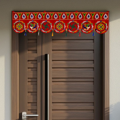 EMBROZA Traditional Embroidered Toran for Main Door – Decorative Bandhanwar with Swastik Toran(High-quality fabric with detailed thread embroidery)