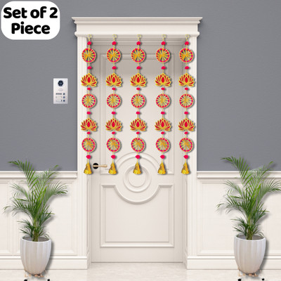 Sazavat store 2Piece_New_Lotus_Chakri Toran(Metallic Hooks, Golden Plastic Bells, Velvet Lotus MDF, Moti Beads)