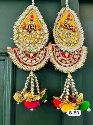 NuttsStore Gota Patti Shubh Labh Side Door Hanging Toran(Shubh Labh Fabric With Pom Pom Latkan , Beads)