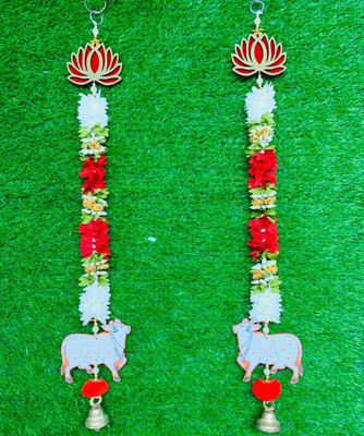 giftsrus Lotus Flower Toran with Cow & Bell for Diwali/ Mandir Decoration-Pack of 2 Toran(Fabric)