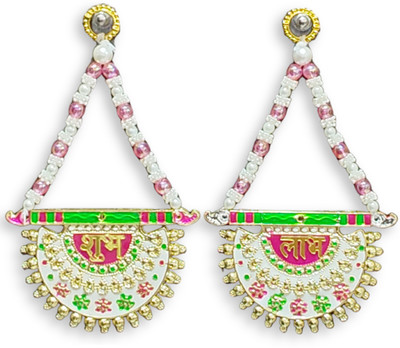 Amdeeworld Pink White Shubh Labh Toran with Pearl Beads for Door & Pooja Room Toran(MDF Base)