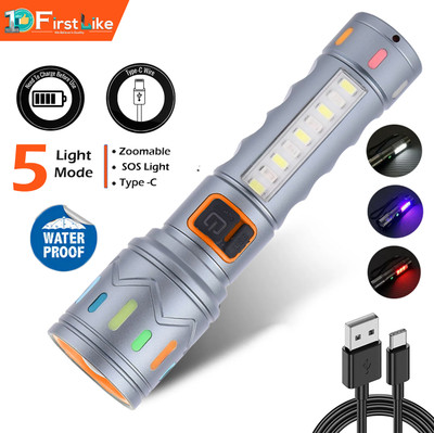 FIRSTLIKE (ZOOMABLE METAL LED TORCH)5 Modes Flashlight, Super Bright 80W LED Light Torch(Silver, 14 cm, Rechargeable)