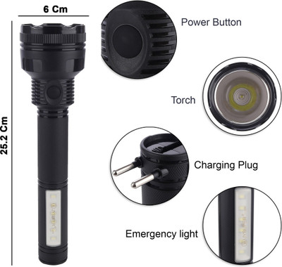JY SUPER 2075 (RECHARGEABLE LED TORCH) 2 IN 1, 3600mAh Battery, High Power Flashlight Torch(Black, 25.2 cm, Rechargeable)