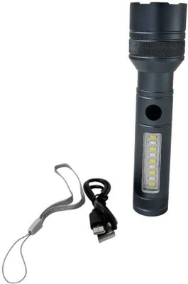 Kay-Joy RL-M41 100W+100W | Rechargeable LED Flashlight with Zoom Head & COB Side Light Torch(Black, Silver, 18 cm, Rechargeable)