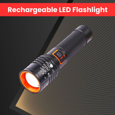 FRONY Rechargeable Torch Light, Telescopic Zoom, Ultra Bright LED Flashlight V225 Torch(Black, 13.5 cm, Rechargeable)