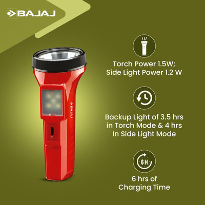 BAJAJ Raftaar Mini LED RC Torch | Battery Powered | 1200Mah Li-Ion Battery Torch(Red, 12 cm, Rechargeable)