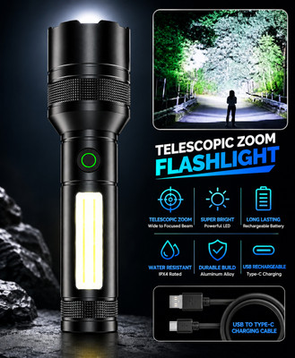 CRENTILA M81 Tactical COB Flashlight | 10000 Lumens With Zoom & Blinker LED Focus/Flood Torch(Black, 15 cm, Rechargeable)