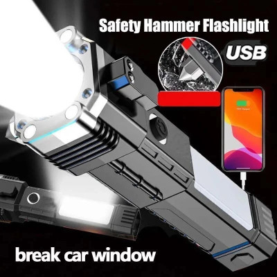 Sebon LED Flashlight with Magnets, hammer with 4 in 1 option Torch(Black, 15 cm, Rechargeable)