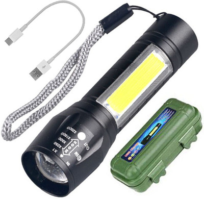MHAX Rechargeable Battery Led 2in1 Flashlight USB Torch Zoomable Powerful Waterproof Torch(Black, 9 cm, Rechargeable)