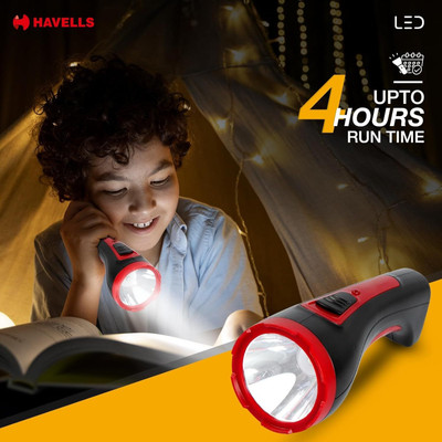 SAHU Havells Ranger 30 Rechargable 3W LED Torch| Upto 4 hrs Battery Backup (Plastic) Torch(Black, Red, 8 cm, Rechargeable)