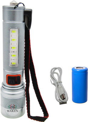 Waken Self Defence Torch with Seat Belt Cutter 5 Lighting Modes With Red-Blue Blinker Torch(Silver, Black, 13.5 cm, Rechargeable)