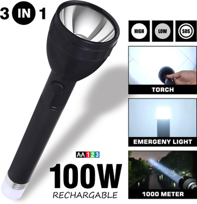 AA123 100W Rechargeable Torch 2 in 1 Flashlight, Backlight with Blinker Function Torch(Black, 28 cm, Rechargeable)