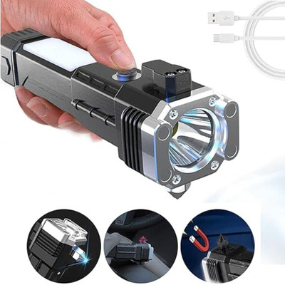 RECTITUDE Multifunctional LED Safety Lamp Breaking Hammer Emergency Hiking with Side Light Torch(Black, 10 cm, Rechargeable)