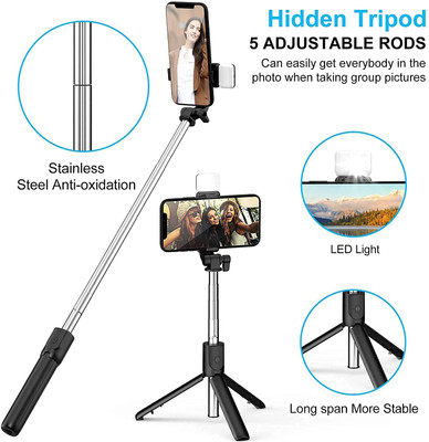 Storia Stia Bluetooth Extendable Selfie with Wireless Tripod Torch(Black, 10 cm, Rechargeable)