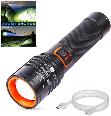 Dazzel Flex Metal Led Light Long Range 1000 Meter|1 Km High Power Zoomable & Type-C Torch(Black, 13.5 cm, Rechargeable)