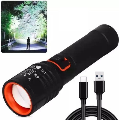 Aubade 035 (ZOOMABLE METAL TORCH)5 Modes Flashlight, Super Bright Cree T6 LED Light Torch(Black, 18 cm, Rechargeable)