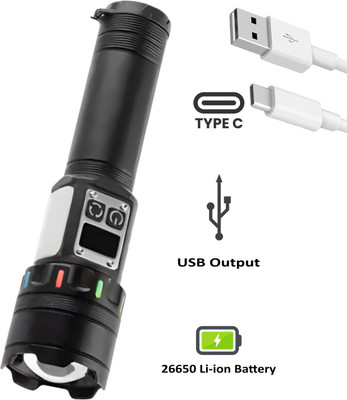 Kindw 9 Modes Flashlight LED Rechargeable Zoomable Metal Troch Torch(Black, 18 cm, Rechargeable)