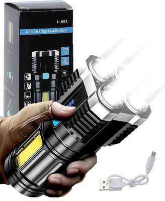 BLAGO 4-core Super Bright Flashlight LED Torch Strong Light USB Rechargeable Torch(Black, 30 cm, Rechargeable)
