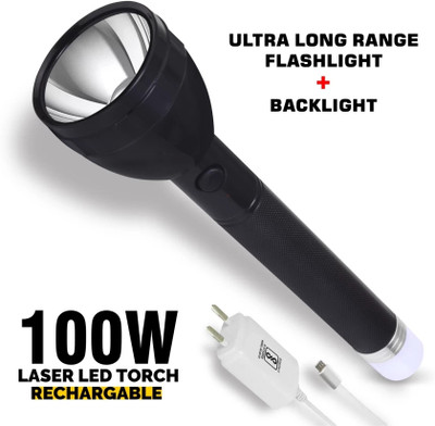 FIRSTLIKE Two In One Litium Battery Long Range Led torch with Back Light Emergency Light Torch(Black, 27 cm, Rechargeable)