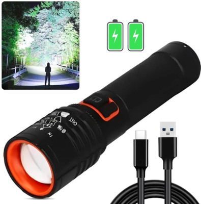 dhriyag Focus Zoom Torch, 5-Light Modes with Red & Blue Blinker, Rainproof, Rechargeable Torch(Black, Orange, 2 cm, Rechargeable)