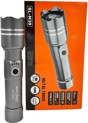 Kay-Joy RL-M39 Zoomable LED Torch 150W Powerful Metal Flashlight , Rechargeable Battery Torch(Black, Silver, 16 cm, Rechargeable)