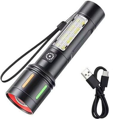Oximus Aluminum Alloy Flashlight Three Level Light Adjustment Durable Waterproof Type C Torch(Black, 16 cm, Rechargeable)